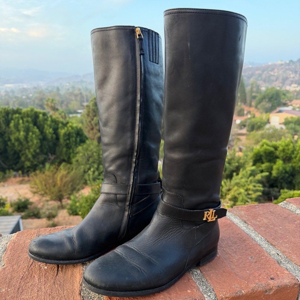 Lauren Ralph Lauren Brittaney Black Leather Riding Boots Gold RLL Hardware 8.5B